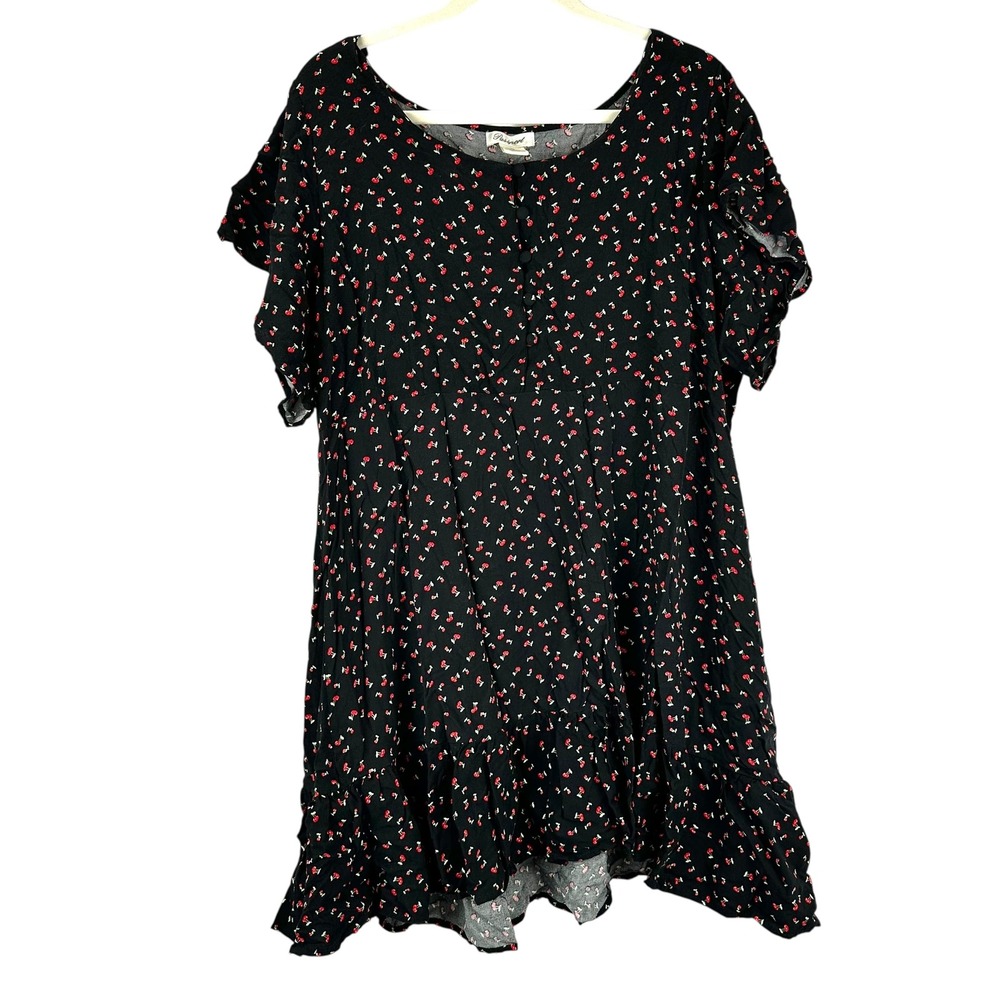 Passport Cherry Print Ruffle Hem Babydoll Mini Dress Black Red 3X Plus Size Goth